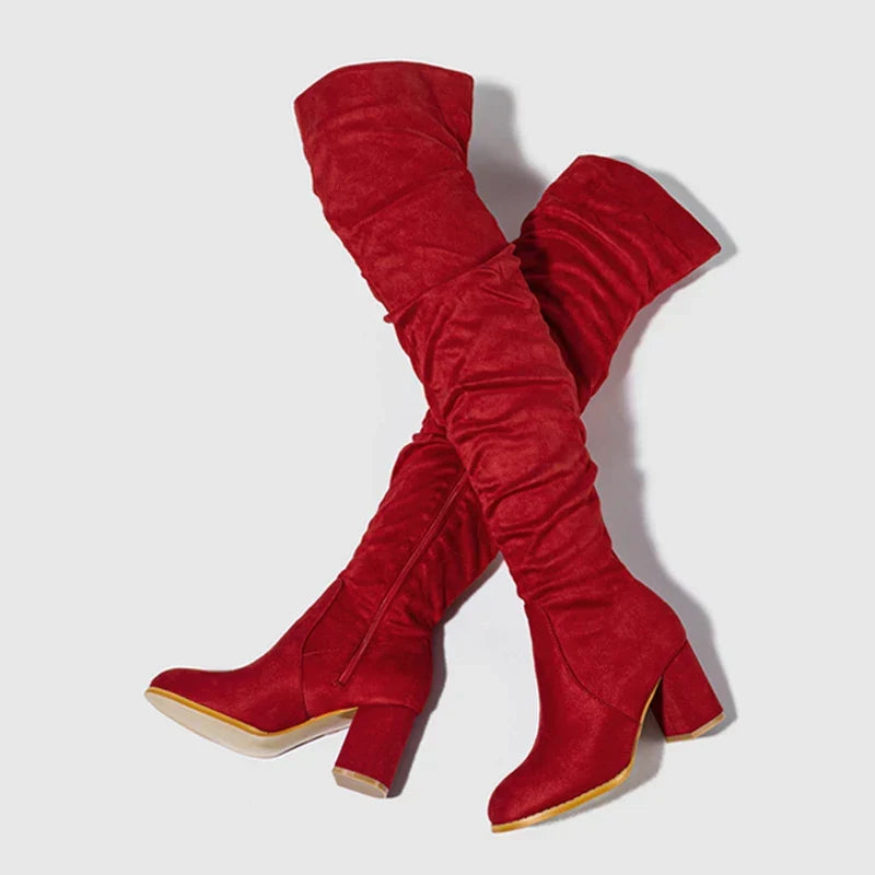 Botte haute rouge Daim Synthétique Femme - Effet froncé