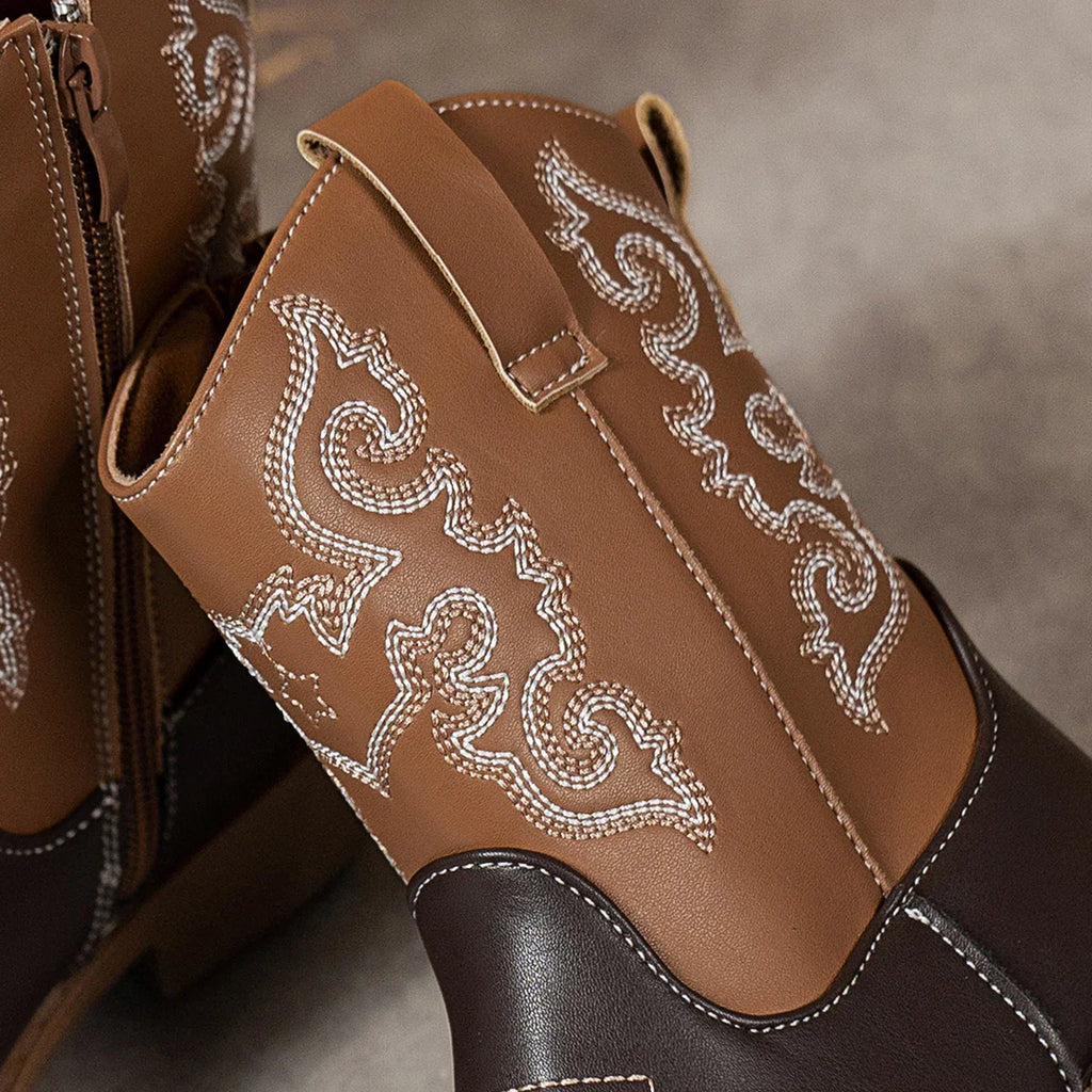 Santiag mi-haute marron foncé Simili Cuir Fille - Broderies western blanches