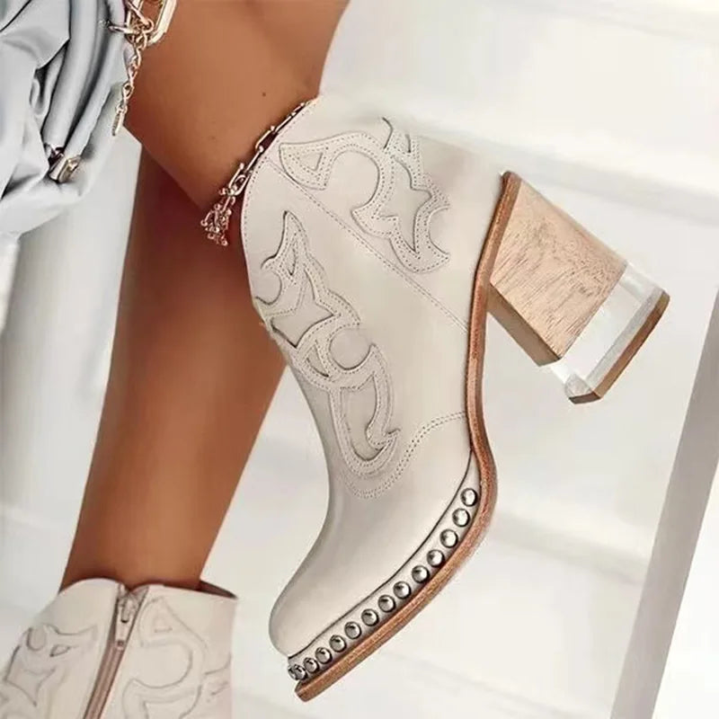 Santiag mi-haute blanc Simili Cuir Femme - Chelsea, broderies et clous