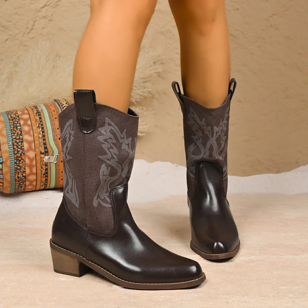 Santiag mi-haute marron Simili Cuir Femme - Broderies western, talon carré