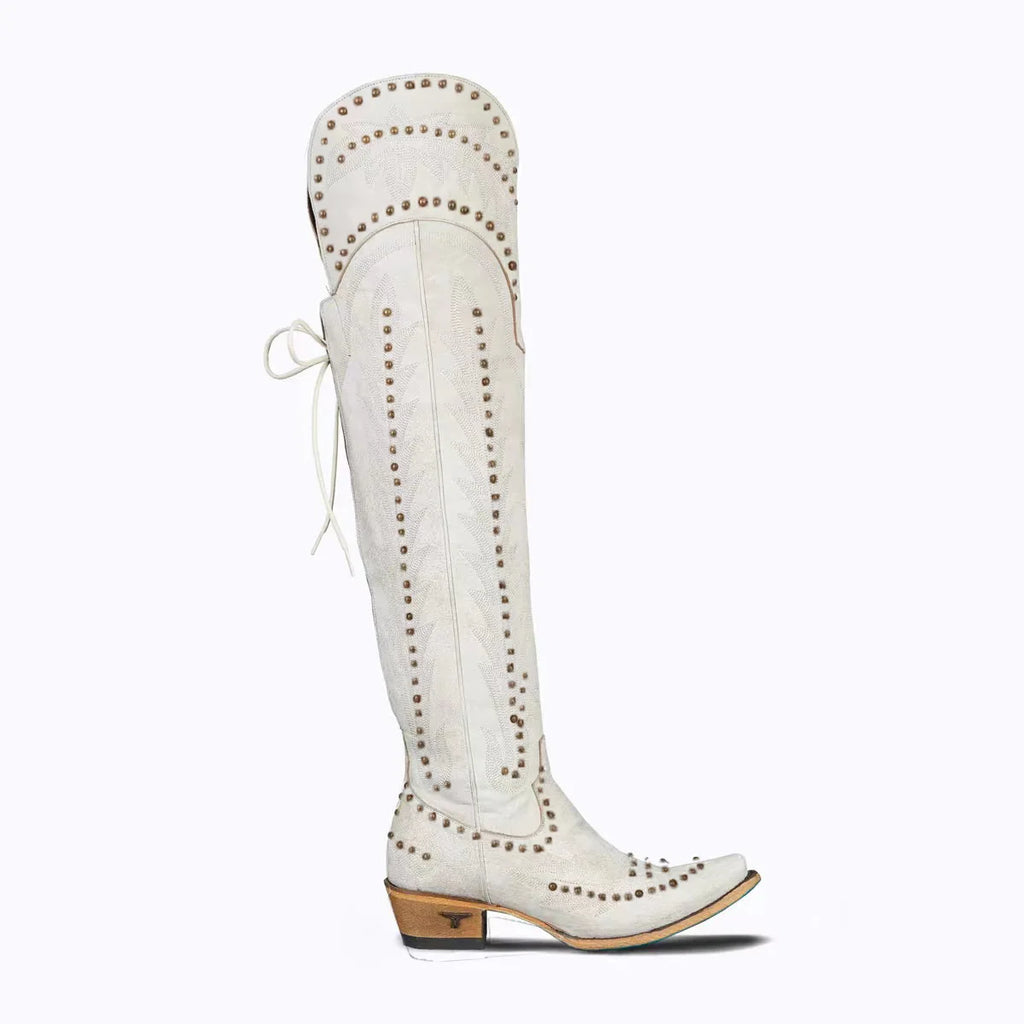 Santiag haute beige PU Femme - Style punk, clous et lacets