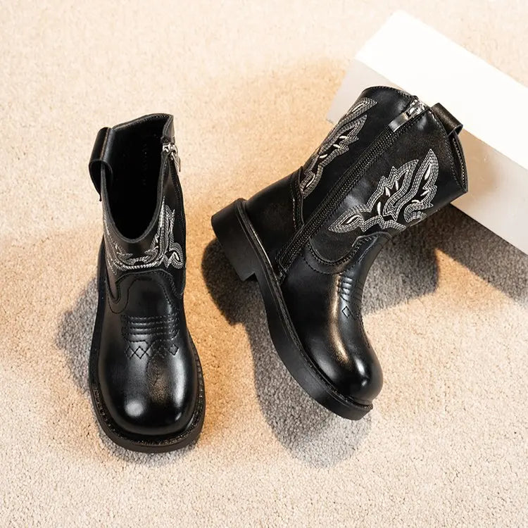 Santiag mi-haute noir Simili Cuir Fille - Broderies western, coutures