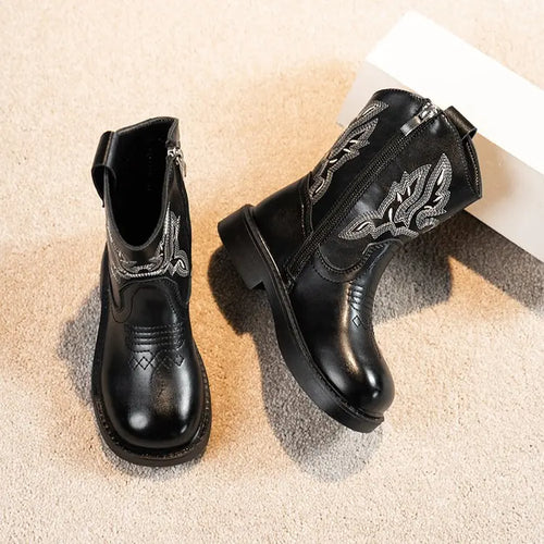 Santiag mi-haute noir Simili Cuir Fille - Broderies western, coutures