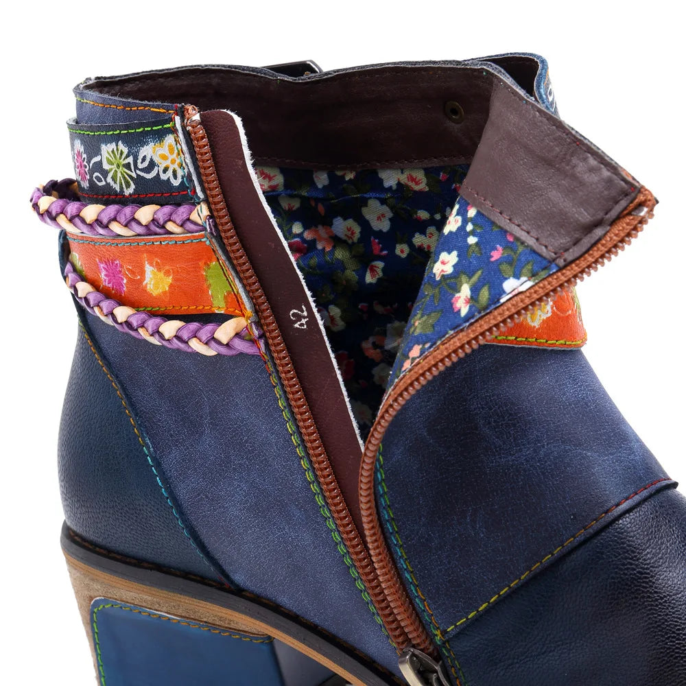 Santiag mi-haute bleu Cuir Femme - Broderies florales, sangles