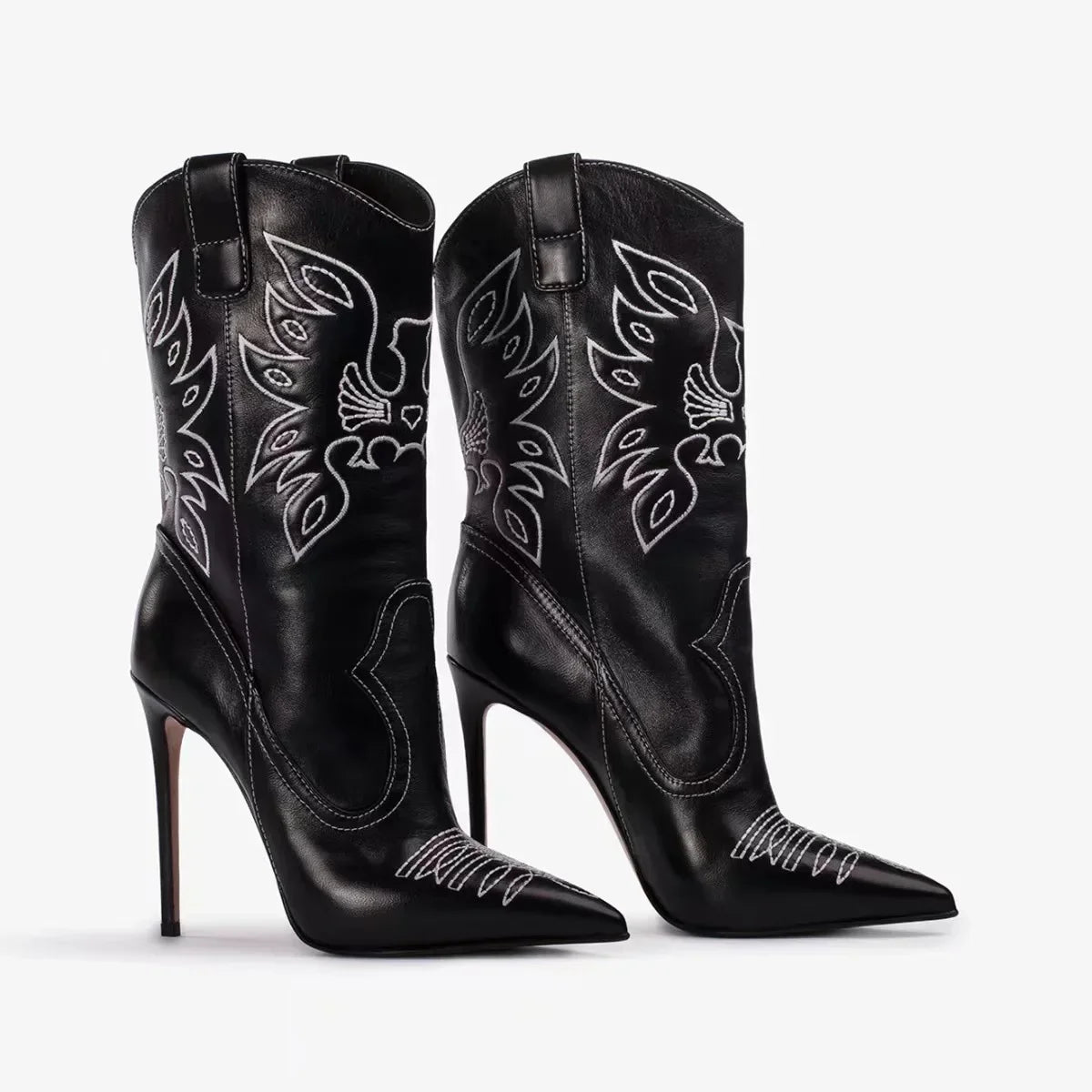 Santiag haute noir Synthétique Femme - Broderies, talon aiguille