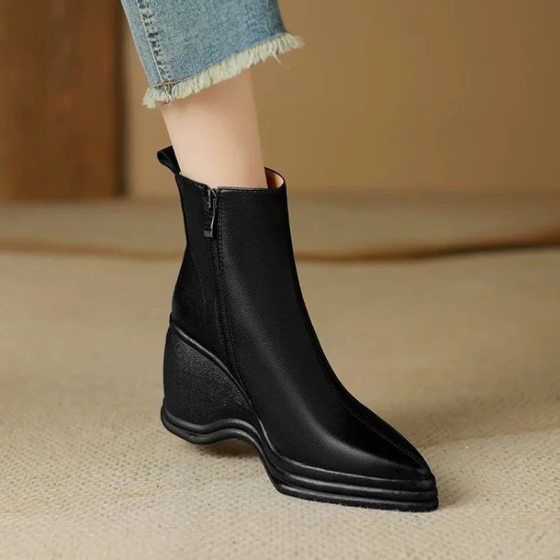Bottine à talon noir Synthétique Femme - Talon compensé, bout pointu