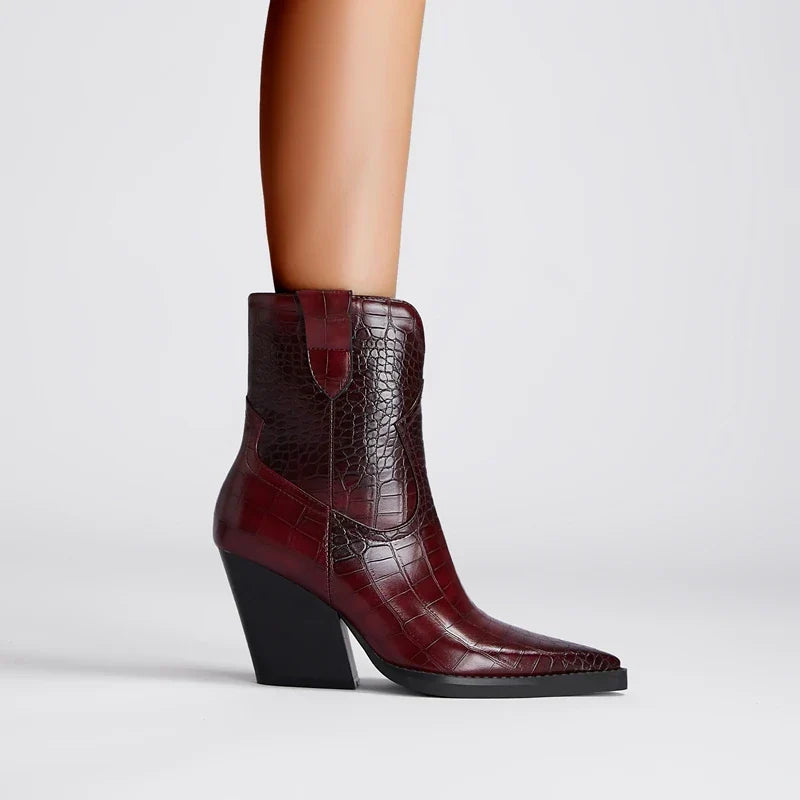 Santiag mi-haute marron foncé Synthétique Femme - Bout pointu, croco, talon incliné