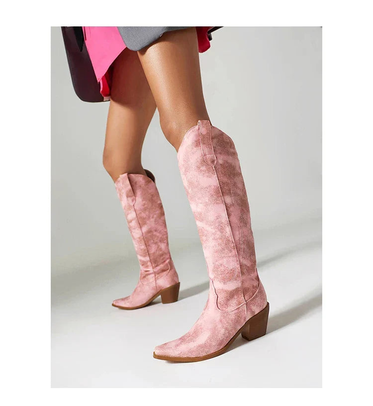Santiag haute rose Simili Cuir Femme - Bout pointu, motif nuageux