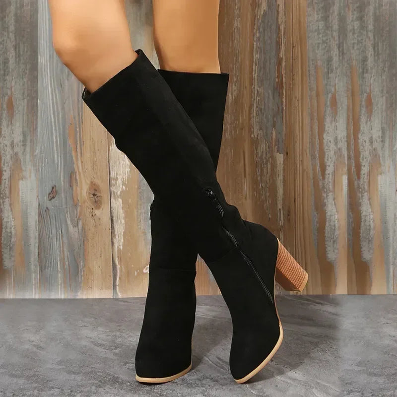 Santiag mi-haute noir Daim Synthétique Femme - Talon carré, fausse fourrure