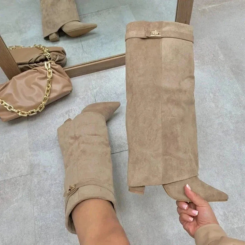 Santiag haute beige Simili Cuir Femme - Boucle dorée