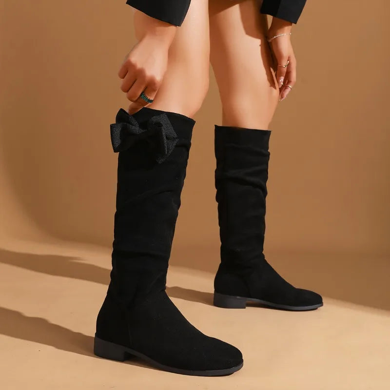 Santiag haute noir Daim Femme - Nœud papillon latéral