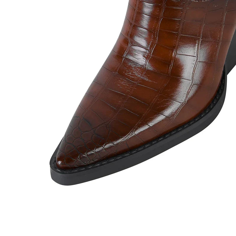 Santiag mi-haute marron foncé Synthétique Femme - Motif crocodile, talon incliné