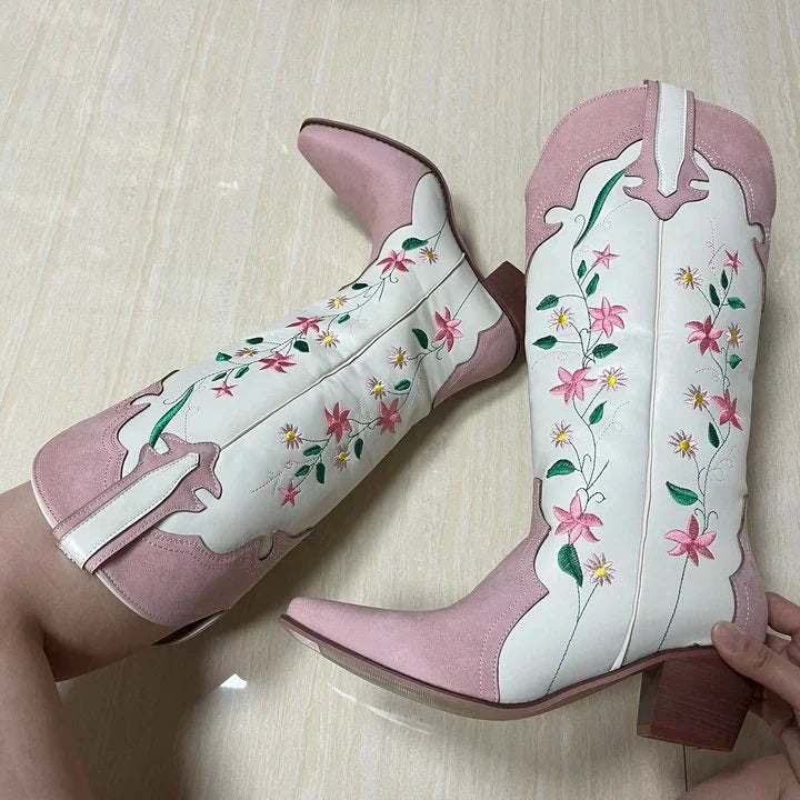 Santiag mi-haute blanc Simili Cuir Femme - Broderies florales colorées