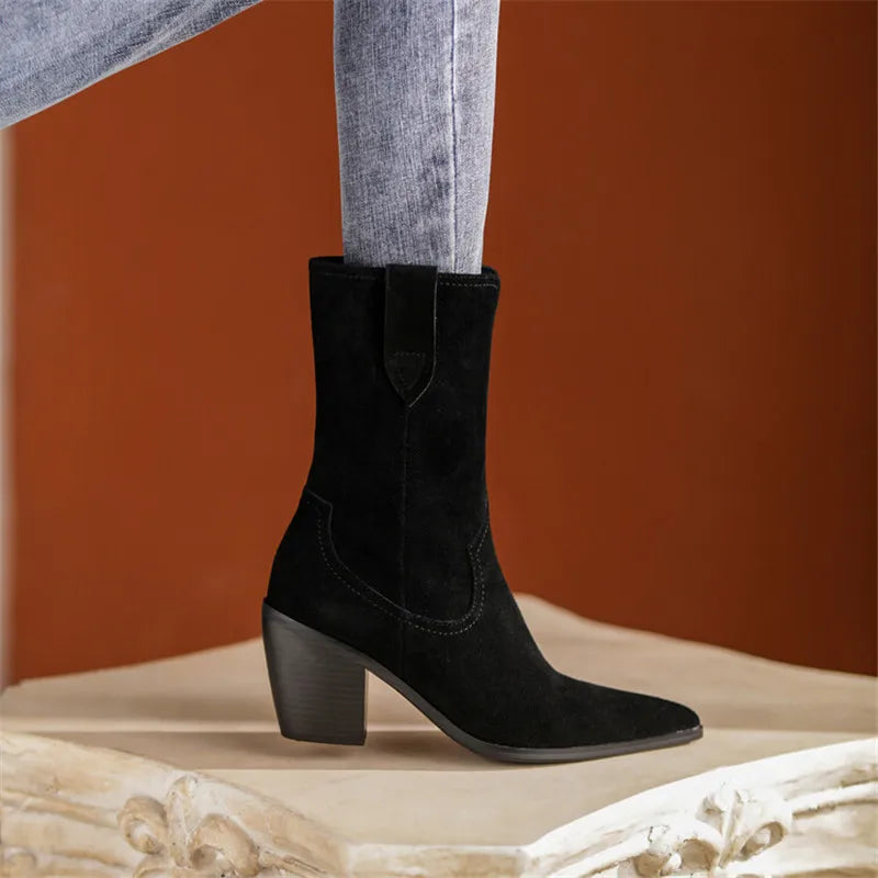 Santiag mi-haute noir Daim Femme - Bout pointu, coutures