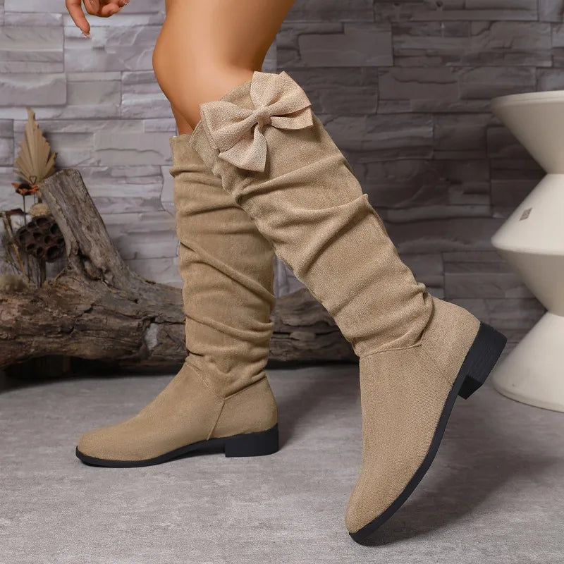 Santiag haute beige Daim Femme - Nœud papillon arrière