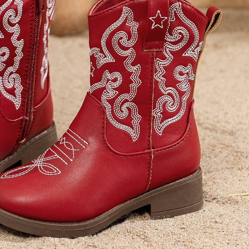 Santiag mi-haute rouge Cuir Fille - Broderies, style cowboy