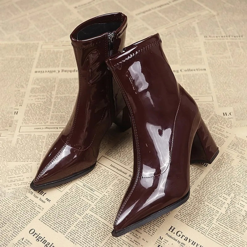 Bottine à talon marron Synthétique Femme - Verni, style cowboy
