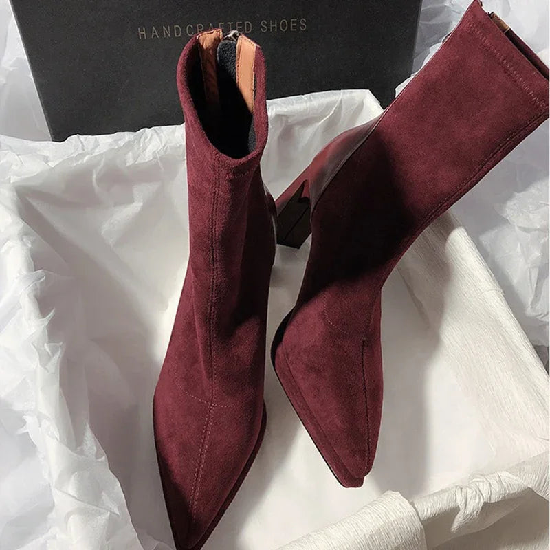 Bottine haute rouge Daim Synthétique Femme - Bout pointu