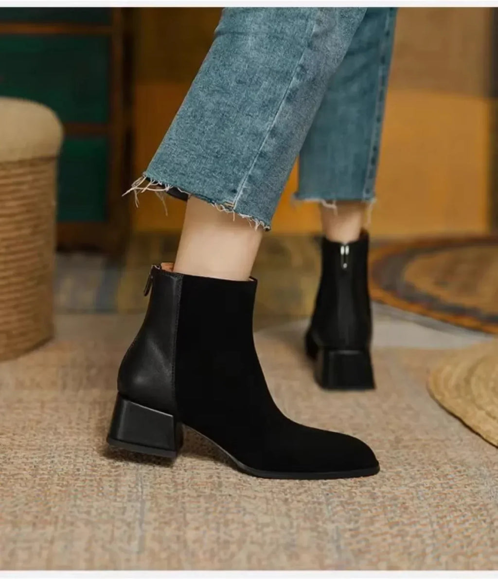 Bottine à talon noir Daim Femme - Bout rond, talon bloc bas