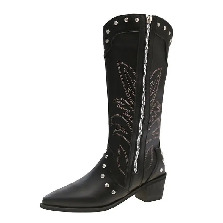 Santiag haute noir Simili Cuir Femme - Clous, broderies florales