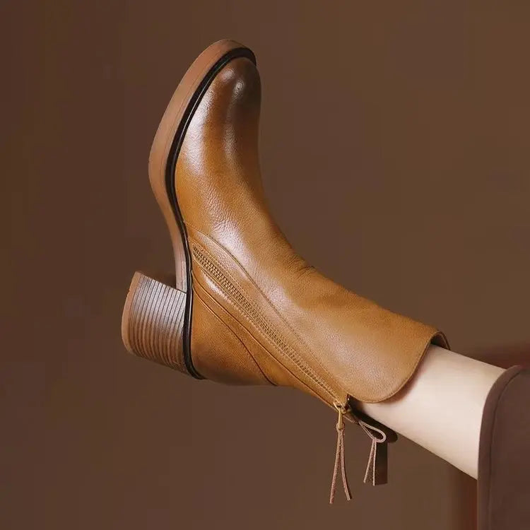 Bottine à talon camel Simili Cuir Femme - Zip latéral