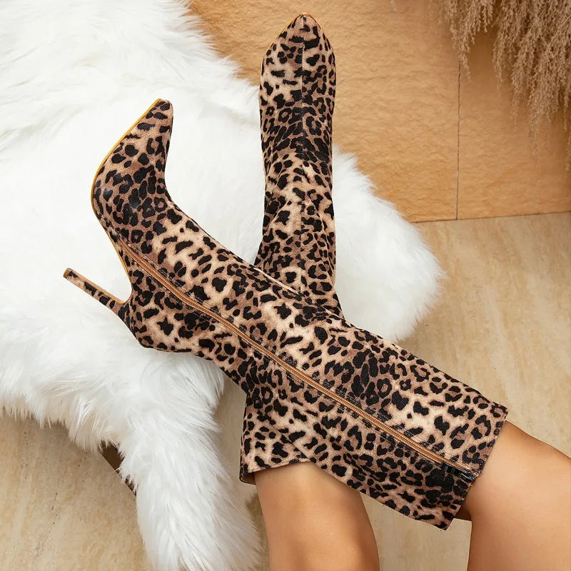 Botte haute marron Simili Cuir Femme - Motif léopard