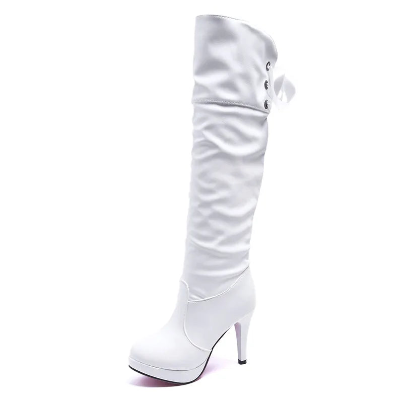 Botte haute blanc Simili Cuir Femme - Boutons décoratifs