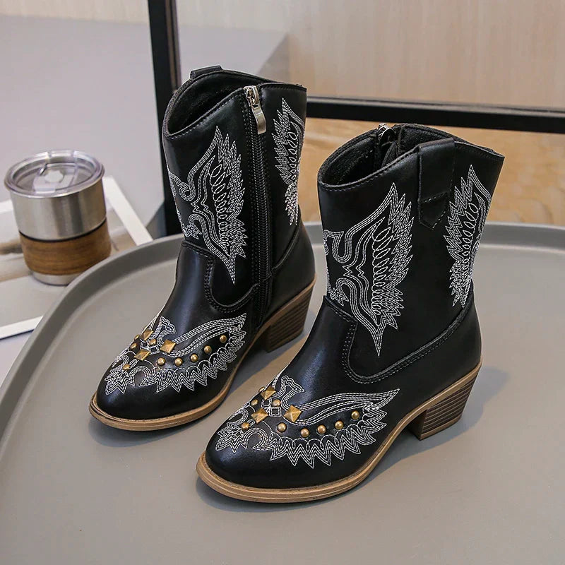 Santiag haute noir Simili Cuir Fille - Broderies ailées, clous dorés