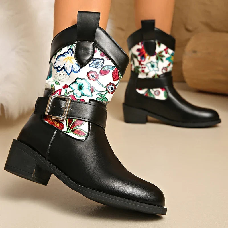 Santiag mi-haute noir Simili Cuir Femme - Broderies colorées, sangle