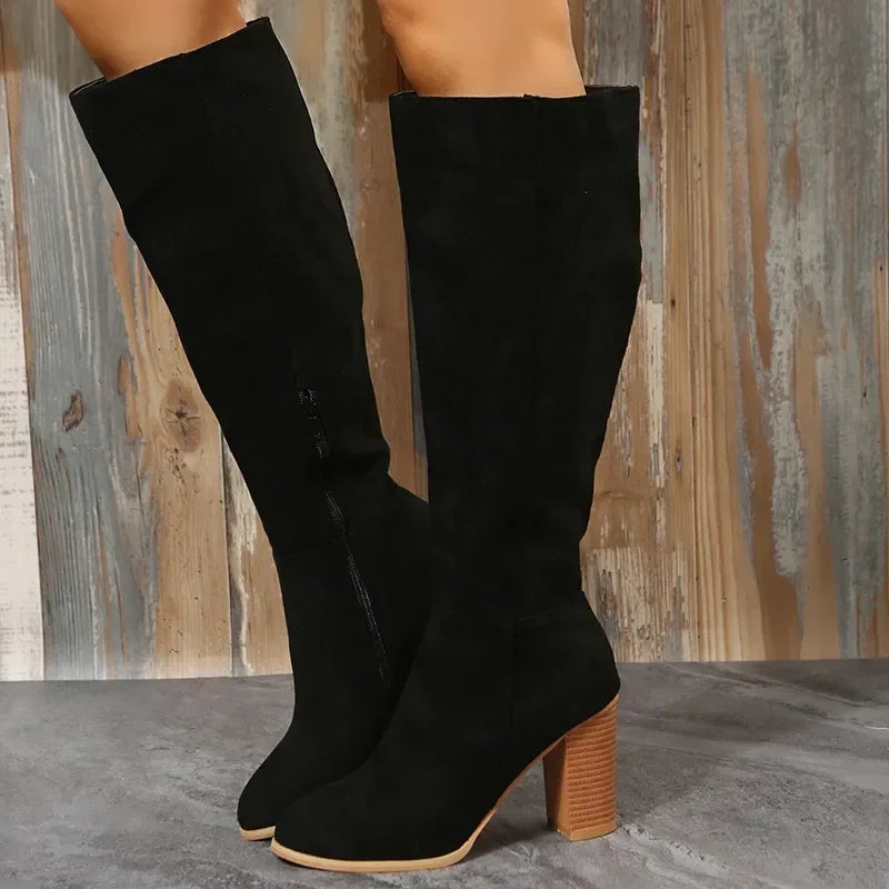 Santiag mi-haute noir Daim Synthétique Femme - Talon carré, fausse fourrure