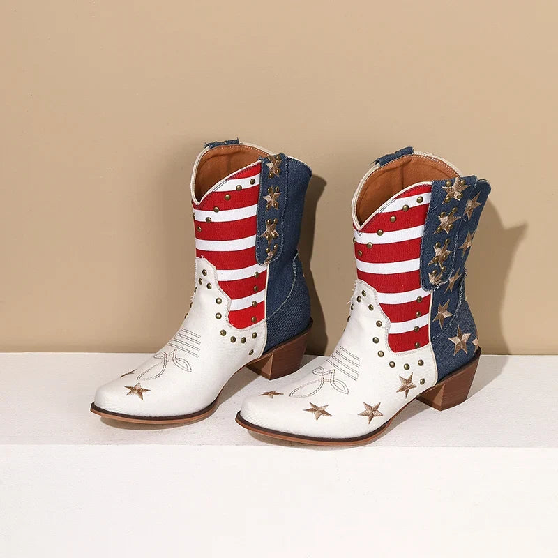 Santiag mi-haute multicolore Synthétique Femme - Motifs étoilés, effet denim