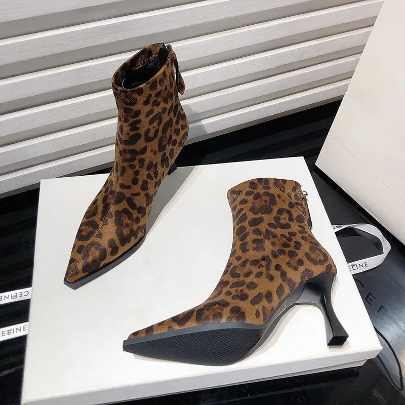 Bottine à talon marron Daim Synthétique Femme - Léopard, talon conique