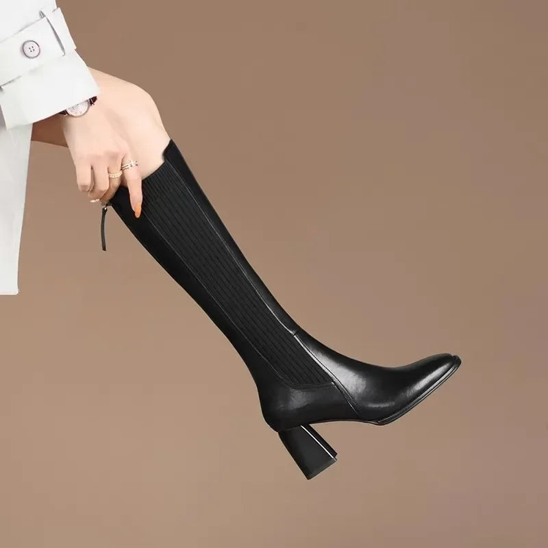 Botte haute noir Simili Cuir Femme - Style cowboy, talon carré