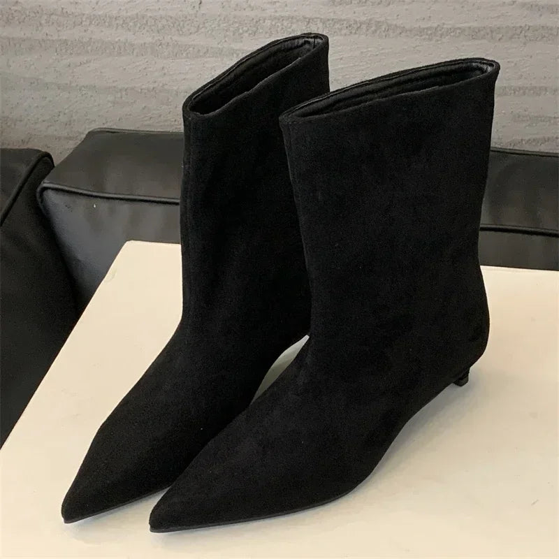 Botte haute noir Daim Synthétique Femme - Talon kitten, bout pointu