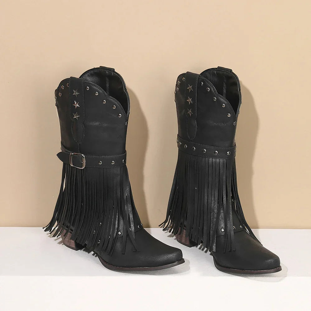 Santiag mi-haute noir Simili Cuir Femme - Franges, étoiles