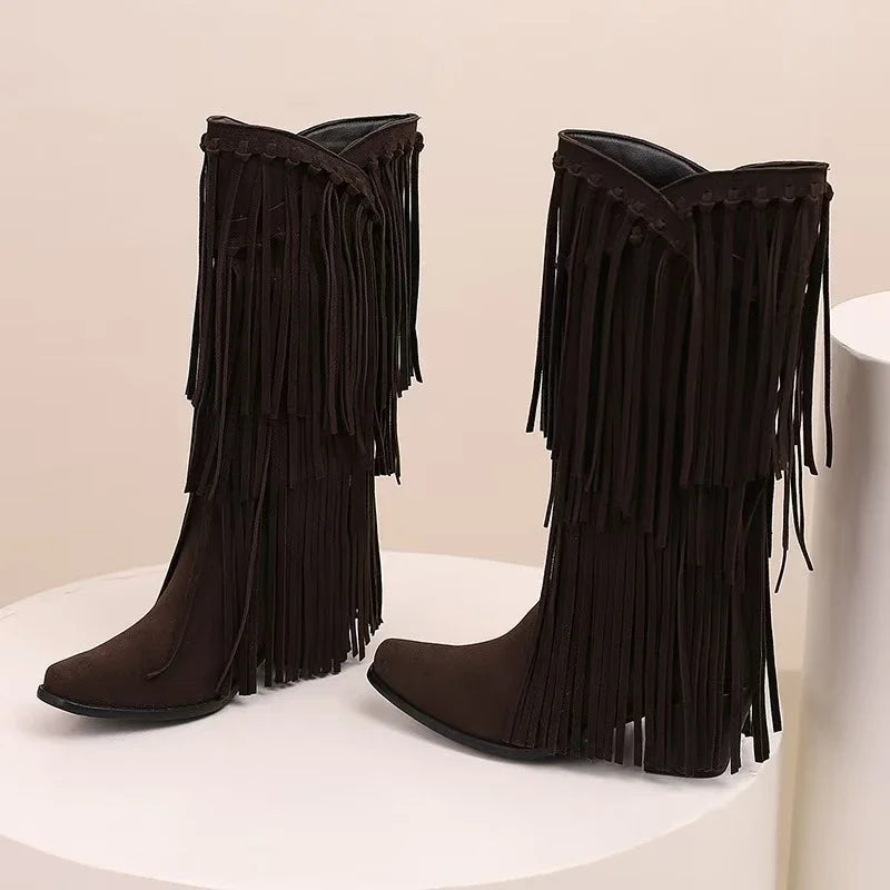 Santiag mi-haute marron foncé Simili Cuir Femme - Franges longues, style rétro