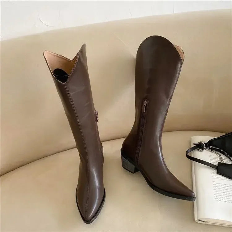 Santiag mi-haute marron Simili Cuir Femme - Bout pointu, talon carré
