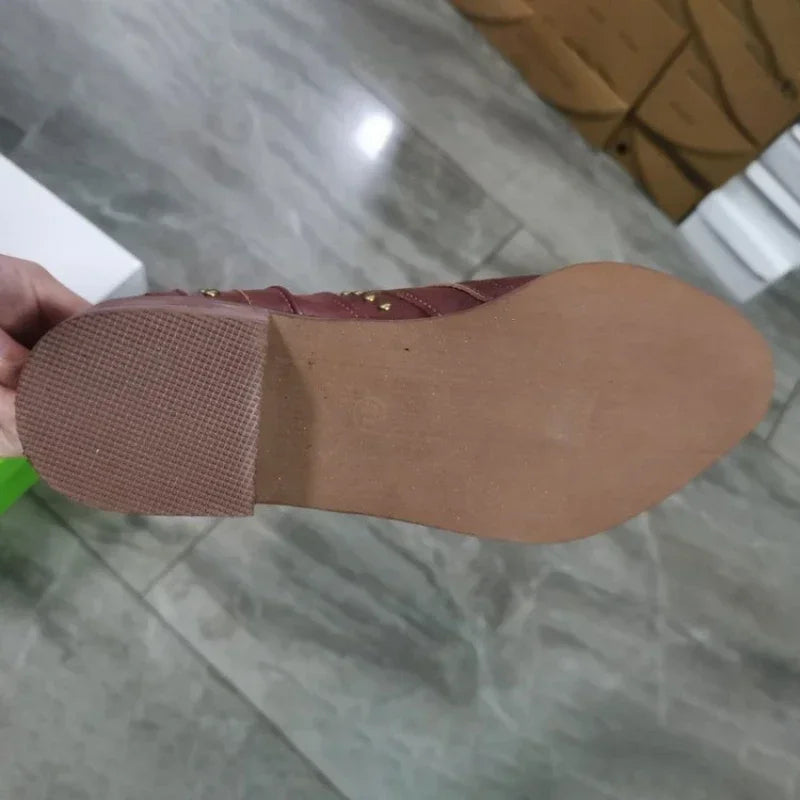 Santiag haute marron Simili Cuir Femme - Bout pointu, clous métalliques
