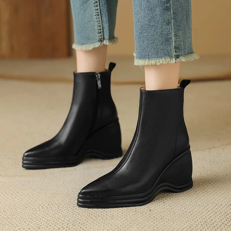 Bottine à talon noir Synthétique Femme - Talon compensé, bout pointu