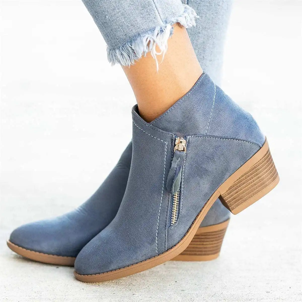 Santiag basse bleu Daim Femme - Bout pointu, zip doré