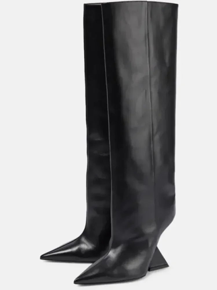 Botte haute noir Simili Cuir Femme - Bout pointu, talon sculpté