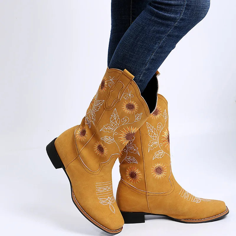 Santiag mi-haute jaune Simili Cuir Femme - Broderies florales