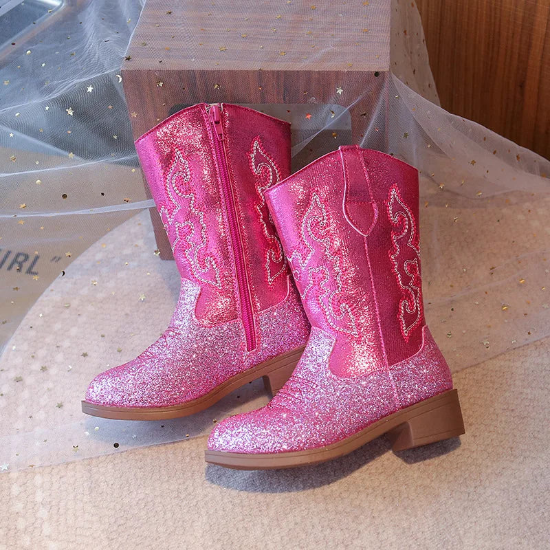 Santiag haute rose à paillettes Synthétique Fille - Broderies