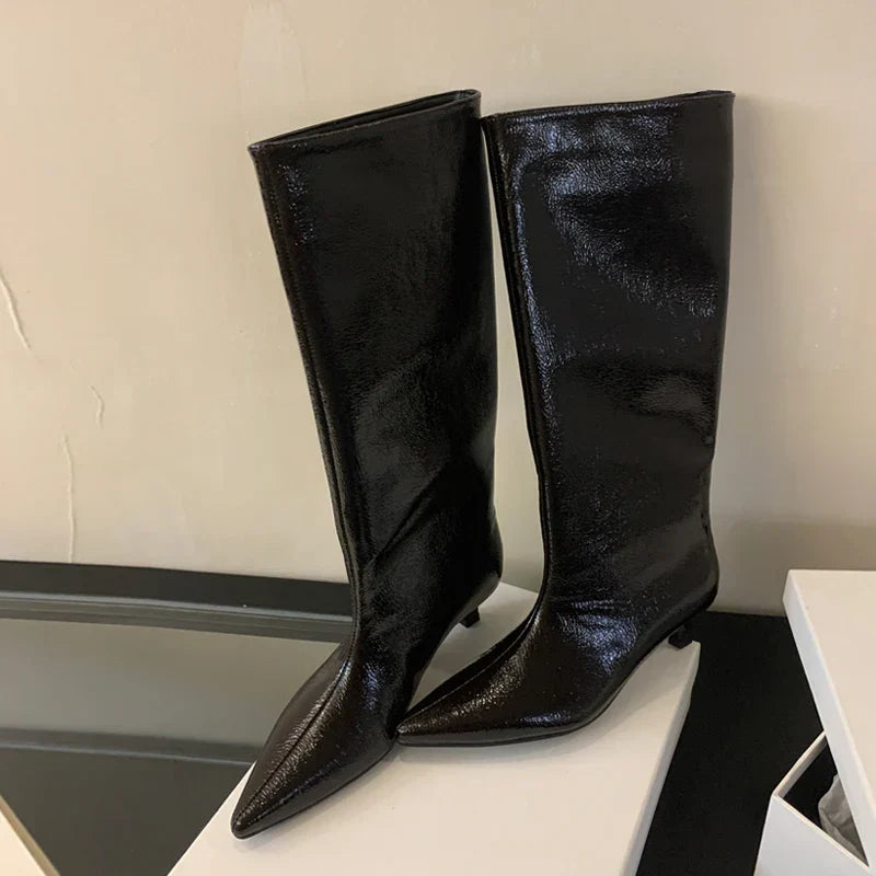 Botte haute noir Simili Cuir Femme - Brillant, bout pointu
