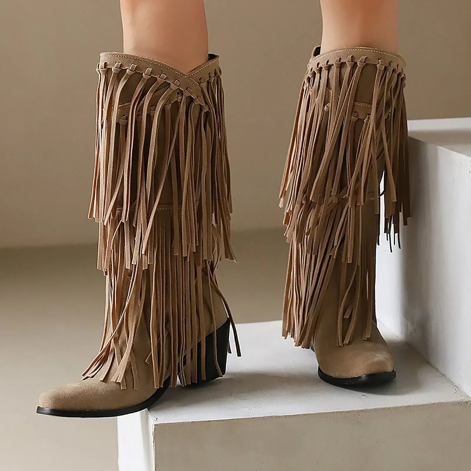 Santiag mi-haute camel Daim Synthétique Femme - Franges longues