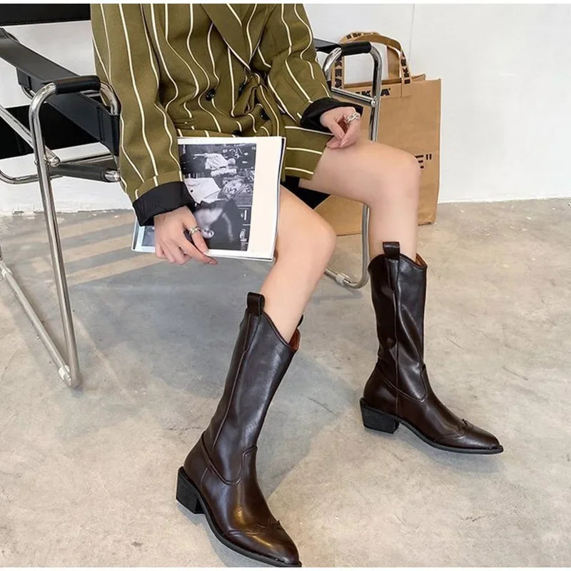 Santiag mi-haute marron foncé Simili Cuir Femme - Coutures ondulées
