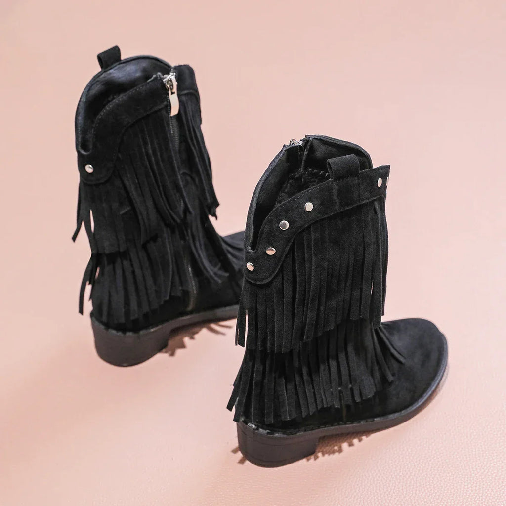 Santiag haute noir Cuir Fille - Franges, clous argentés