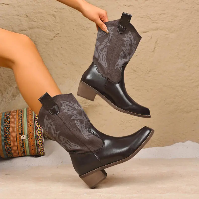 Santiag mi-haute marron Simili Cuir Femme - Broderies western, talon carré