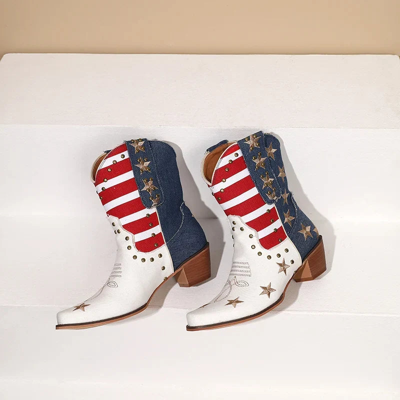 Santiag mi-haute multicolore Synthétique Femme - Motifs étoilés, effet denim