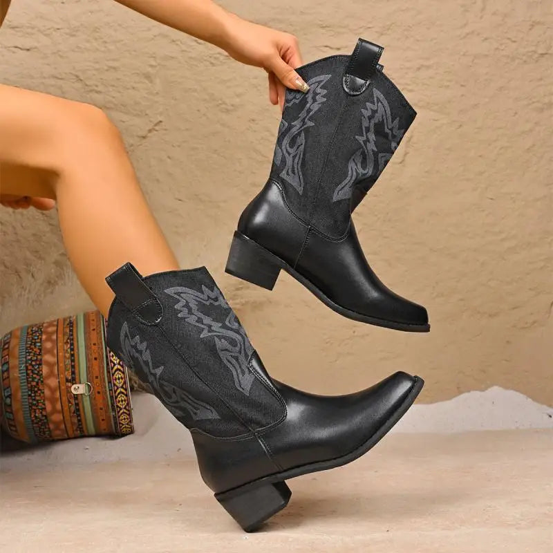 Santiag mi-haute noir Simili Cuir Femme - Broderies, talon carré